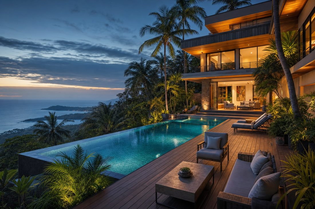 Ocean-view villa with infinity pool in Costa Rica at dusk